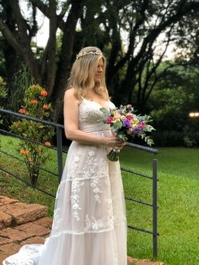Ivory Floral Lace Tiered Wedding Dress